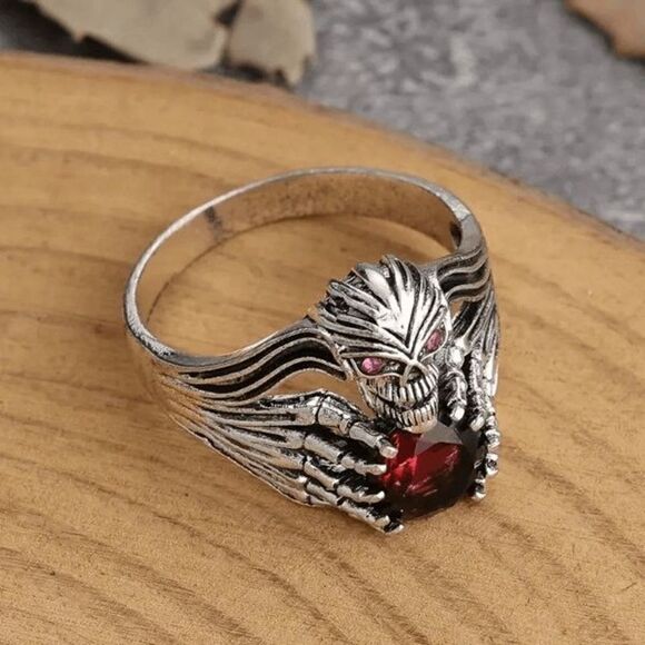 Silver Red Crystal Gothic Punk Claw Skull Ring - Picture 5 of 5